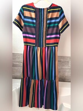 EUC Chelsea & Theodore Multicolor Striped Short Sleeve Tiered Cotton Dress Sz S